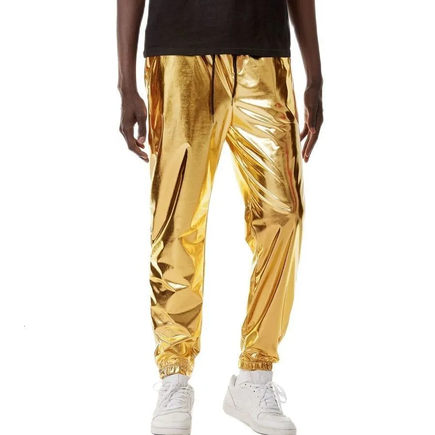 Calças masculinas Parklees ouro prata prateada metálica brilhante calça de moletom de festa masculina DJ DJ Rock Hip Hop Fash