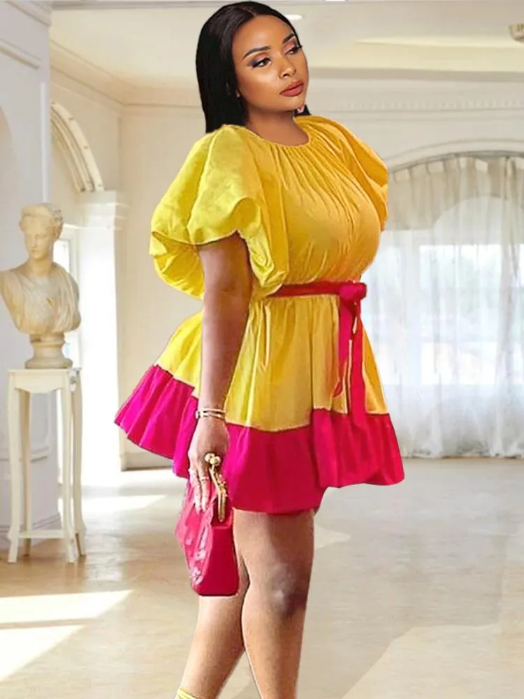 Casual Dresses Cute Women Cotton Dress Puffy Short Sleeve Belt Fashion Mini Shirt Bright Yellow Pink Party Birthday Club Gowns 4XL