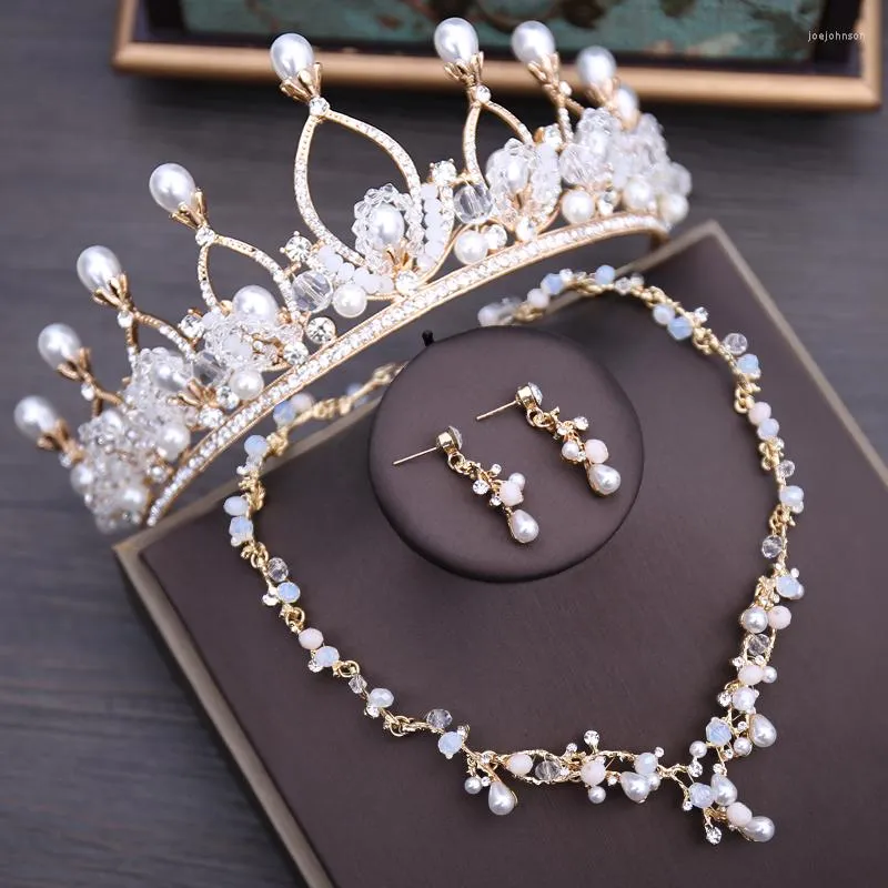 Halsband örhängen set guldfärg pärlor bröllop hår smycken brud med tiara kvinnor prom smycken set tillbehör