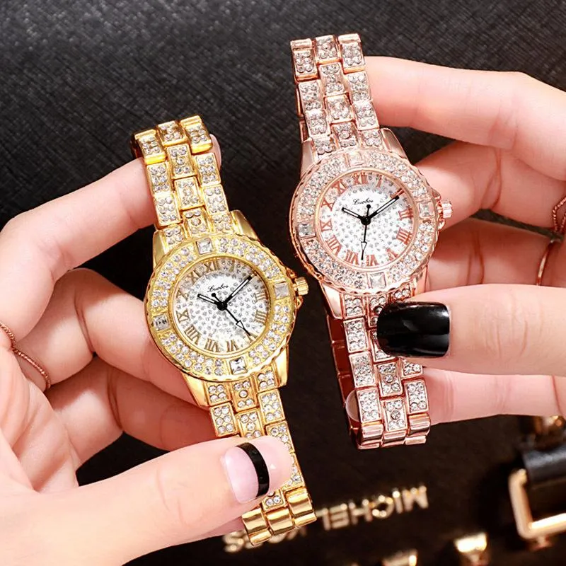 Polshorloges luxe horloges voor vrouwen coole volle ijs uit Gold Watch Rhinestone polshorloge unieke geschenken relojes para mujer dames