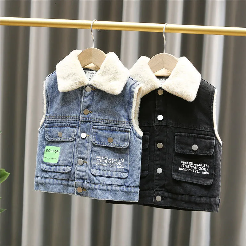 Waistcoat Kids Outerwear Cashmere Denim Vest 4T Baby Boy Winter Clothes Boys Cartoon Jean Vests Turndown Collar Toddler Jackets 230311