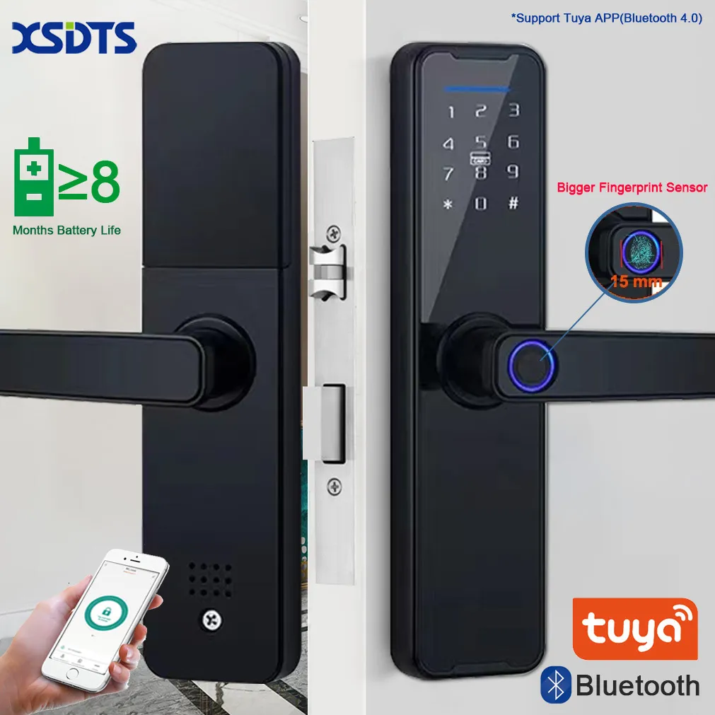 Serrures de porte XSDTS Serrure de porte d'empreintes digitales Bluetooth Smart Lock Tuya App Déverrouillage à distance Verrouillage par mot de passe Serrure de porte électronique 230311