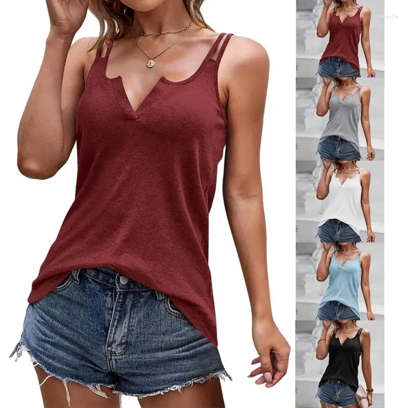 Damenblusen, Damen-Sommer-Basic-Top mit doppeltem Spaghettiträger, sexy, geteilter V-Ausschnitt, einfarbig, lässig, Slim-Fit-Unterhemd