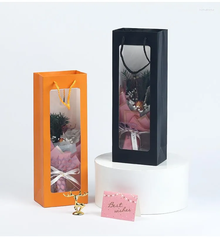 Emballage cadeau saint valentin fenêtre sac fourre-tout Transparent fleur Bouquet papier ouvert haut de gamme exquis main