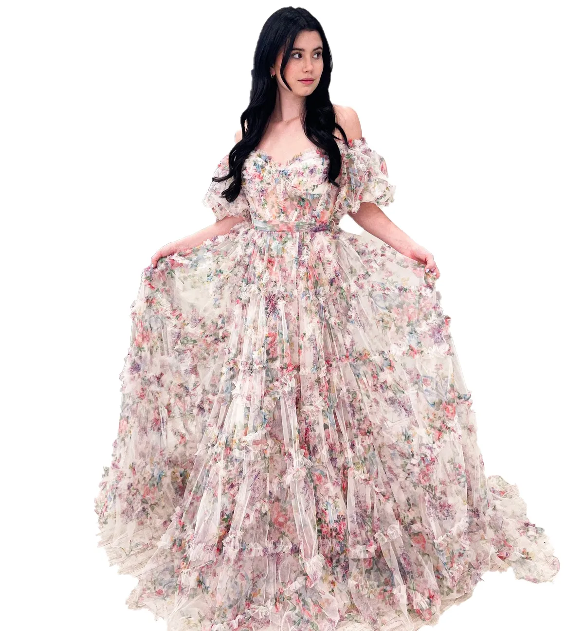 Abito Da Ballo Di Tulle Con Stampa Floreale Con Maniche Gonfiate