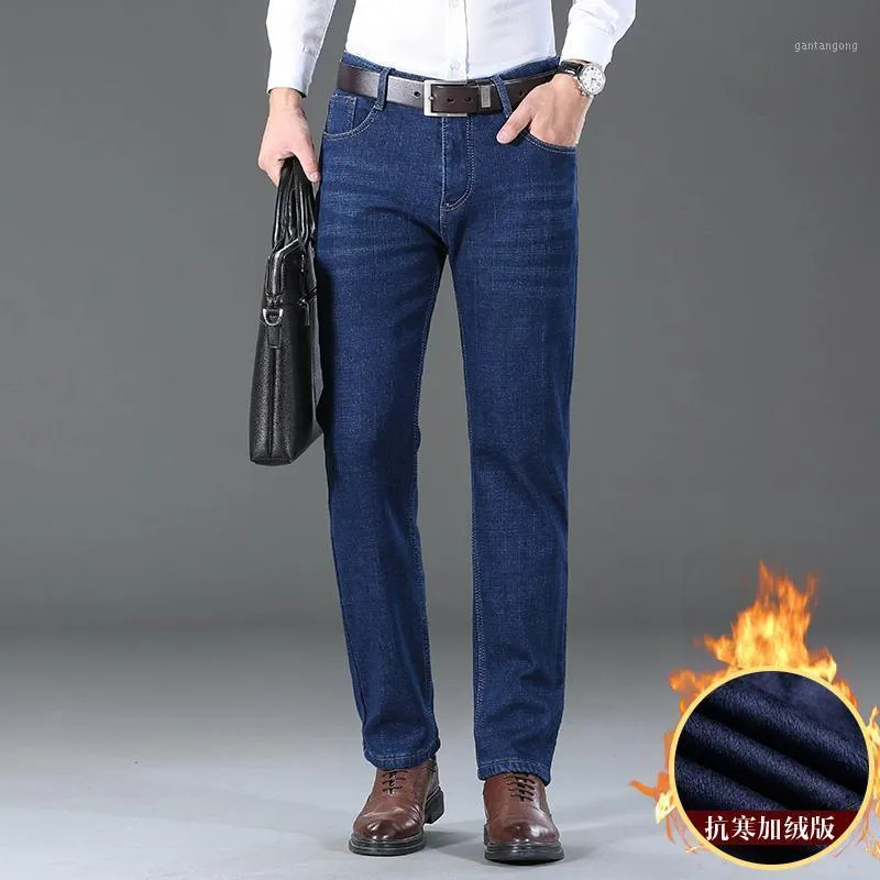 Мужские джинсы флисовые флисовые падение/зима подряд ноги классическая эластичная модная брюки бизнес -бренд мужски мужчины