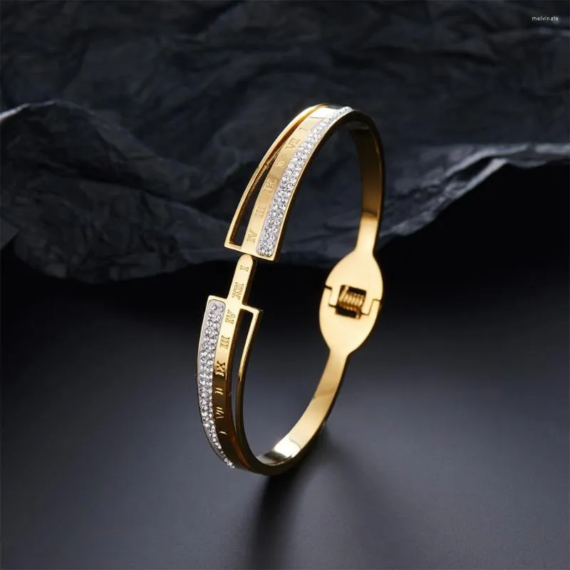 Bangle Antiga algarismos romanos, pulseiras gravadas para mulheres, presentes de jóias de jóias de moda de moda de ouro, pulseira de diamante de aço inoxidável