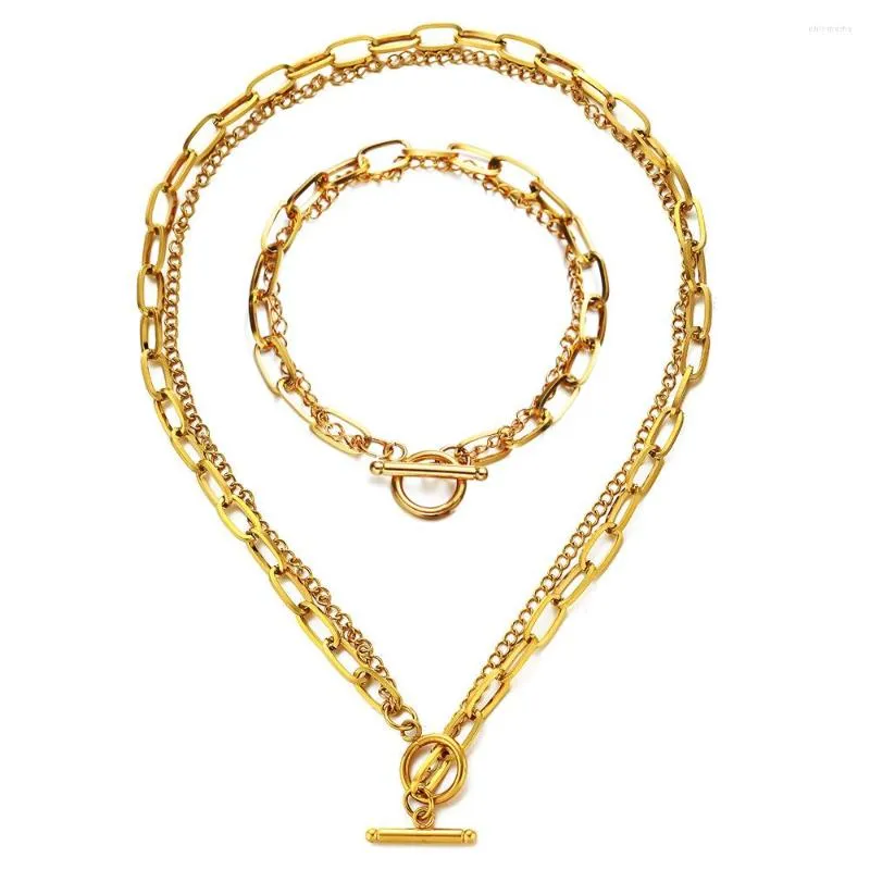 Collana Orecchini Set MinaMaMa Catena multistrato in acciaio inossidabile per donna Uomo Toggle Choker Hip Hop Bracciale