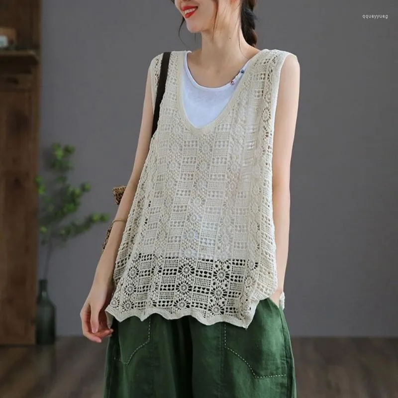 Women's Sweaters Cotton Thread Crochet V-neck Hollow Knitted Vest Women Summer Thin Retro Literary Loose Breathable All-match Pullover