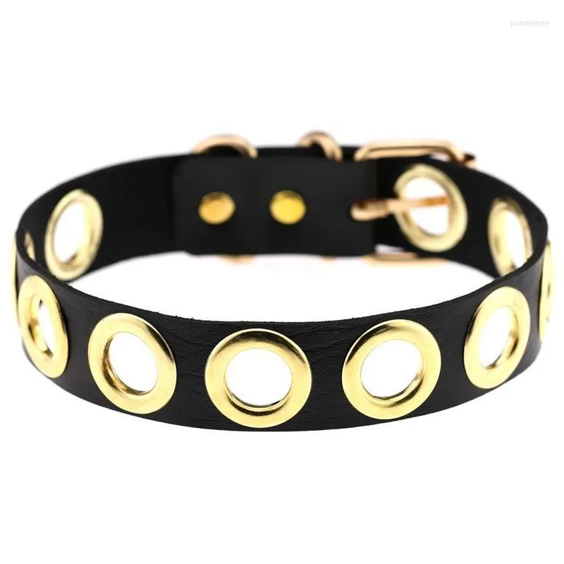 Choker-Halsketten, schwarzes PU-Leder, hohl, Gold-Kreis-Halskette, kurze Schlüsselbein-Halskette für Frauen, Hip-Hop-Nachtclub-Schmuck.Chokers Pear22