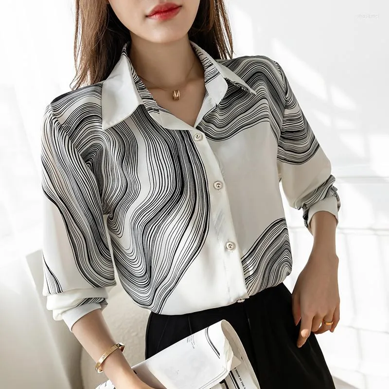 Women's Blouses Fashion Women's Shirt Spring Clothing For Women Ink Painting Patroon Polo Neck Tops Basic Button Up lange mouw shirts