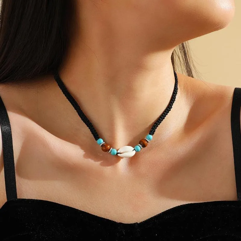 Choker Bohemian Creative Retro Hand-vävd benkedja Turkoise Etnisk stil Skalhalsband för kvinnliga gåvor