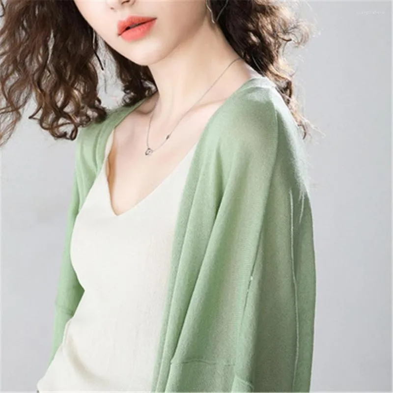 Women's Knits 2023 Latest Style Loose Bat Shirt Women Spring Summer Ice Silk Linen Solid Coat Cardigan Sun Protection Clothing 3/4 Sleeve