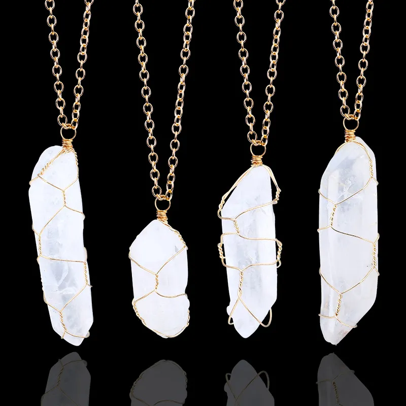 New Shiny Wire Wrapped Irregular Crystal Pendant Necklace White Clear Transparent Nature Stone Quarts Woven Charms Yoga Jewelry Accessories for Women Wholesale