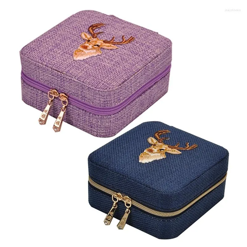 Jewelry Pouches 2x Linen Box Multifunction Necklace Ring Earings Bracelet Storage Organizer Girl Gift Purple & Blue
