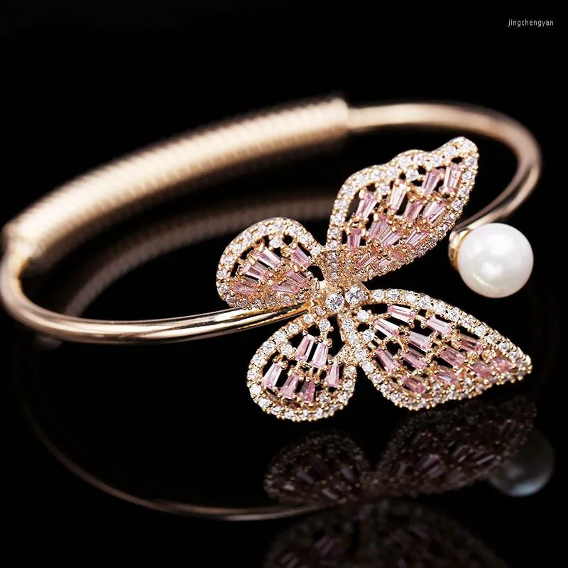 Pulseira de moda de pulseira com abertura ajustável para fêmea de pulseiras de borboleta de pérola oca rosa feminina