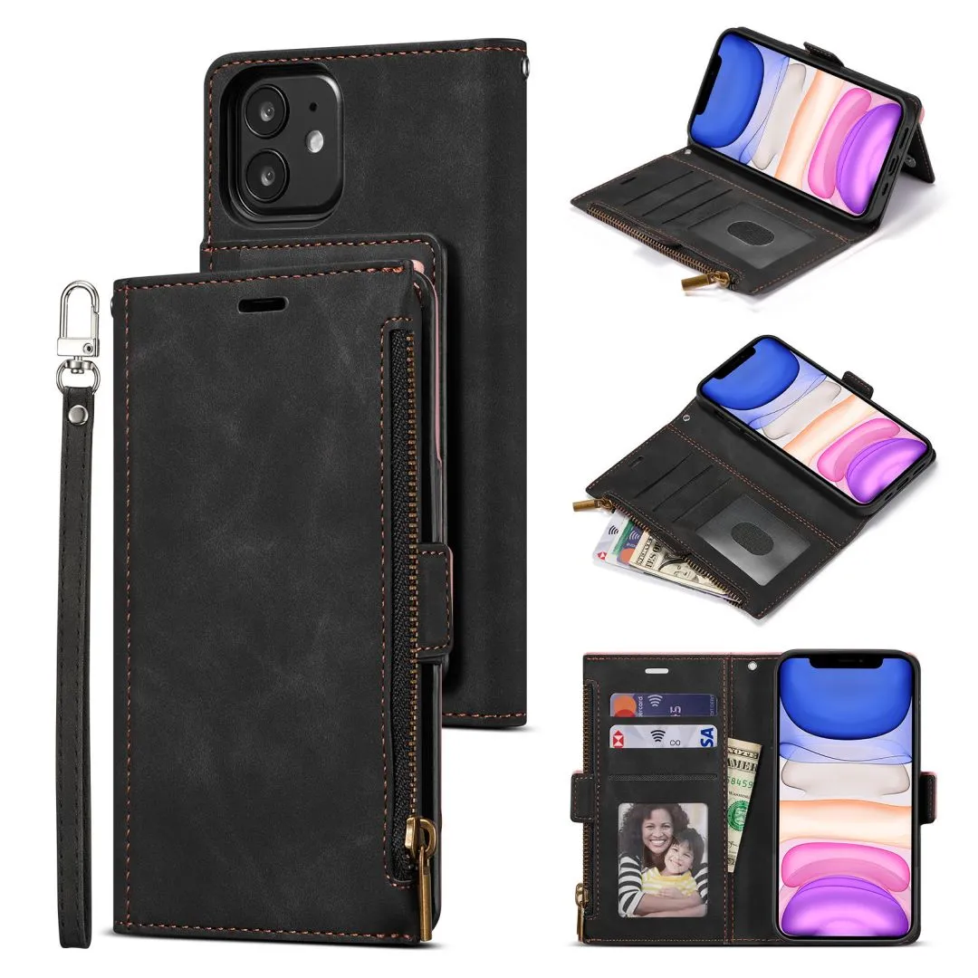 Wallet Phone Cases Premium Pu Leather Zipper Folio for iPhone 14 13 12 11 Pro Max XR XS Max 8 7 6 Plus Samsung S21 S20 Note20 Plus S21Fe S20FE