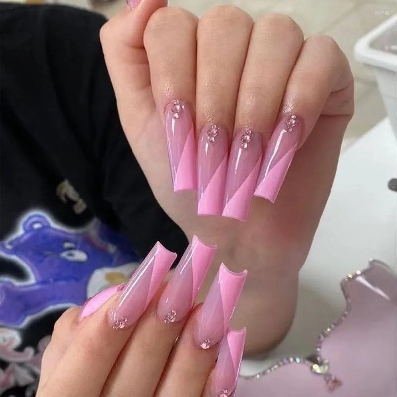 偽の爪24pcs/box pink pink long frenchffinウェアラブルラインストーンバレリーナ偽のフルカバーネイルチッププレスオン