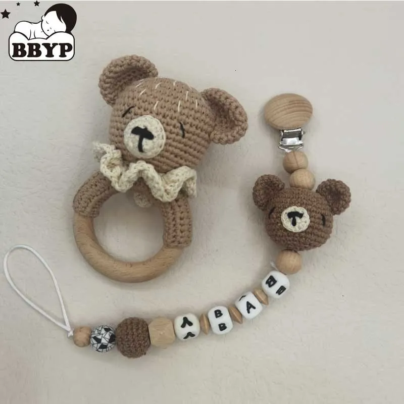 Catcles Mobiles Baby Rattle Crochet Bear Teether Rattle With Bells Pacifier Chain Born Montessori Educational Toy Rings Wooden Rings Baby Toys 230311