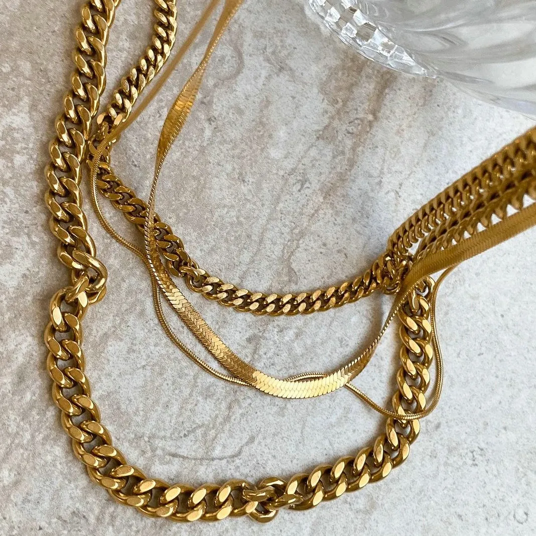 Vintage Chains Halsketten, 18 Karat vergoldete Titanstahlkette für Männer und Frauen, kubanische und Schlangenkette, farblos, kein Verblassen