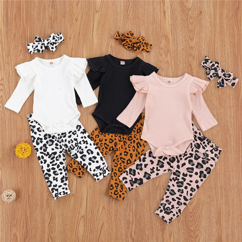 Kläder sätter 3st Baby Girl Clothing Kid Girl Leopard Flying Sleeve Jumpsuit Trousers pannband Autumn Fall Outfits Spädbarnskläder 230311