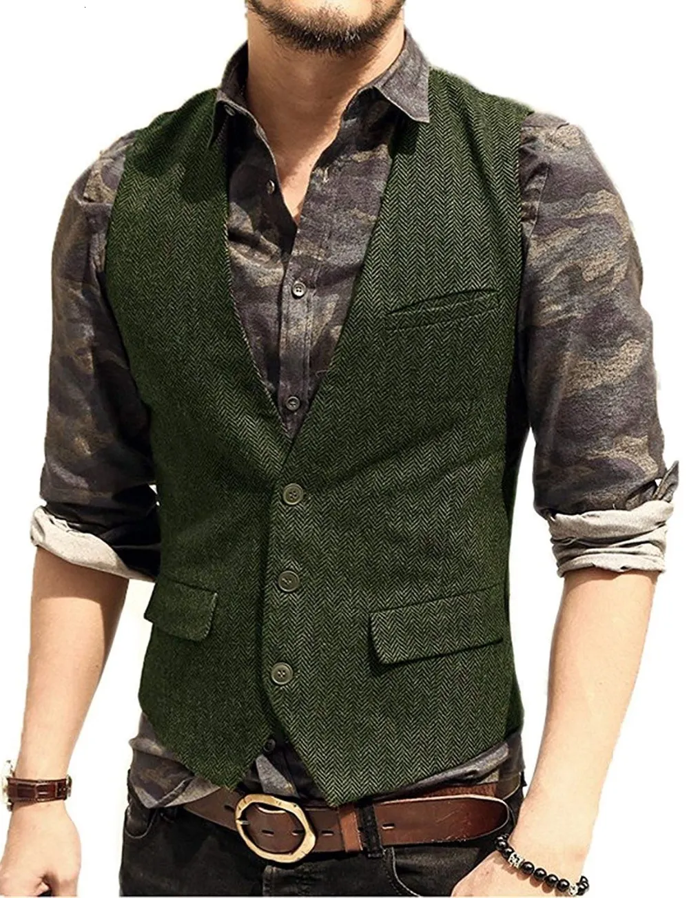 Hommes gilets hommes costume gilet col en V laine chevrons tweed gilet décontracté formel affaires gilet Groomman pour vert/noir/marron/café 230311