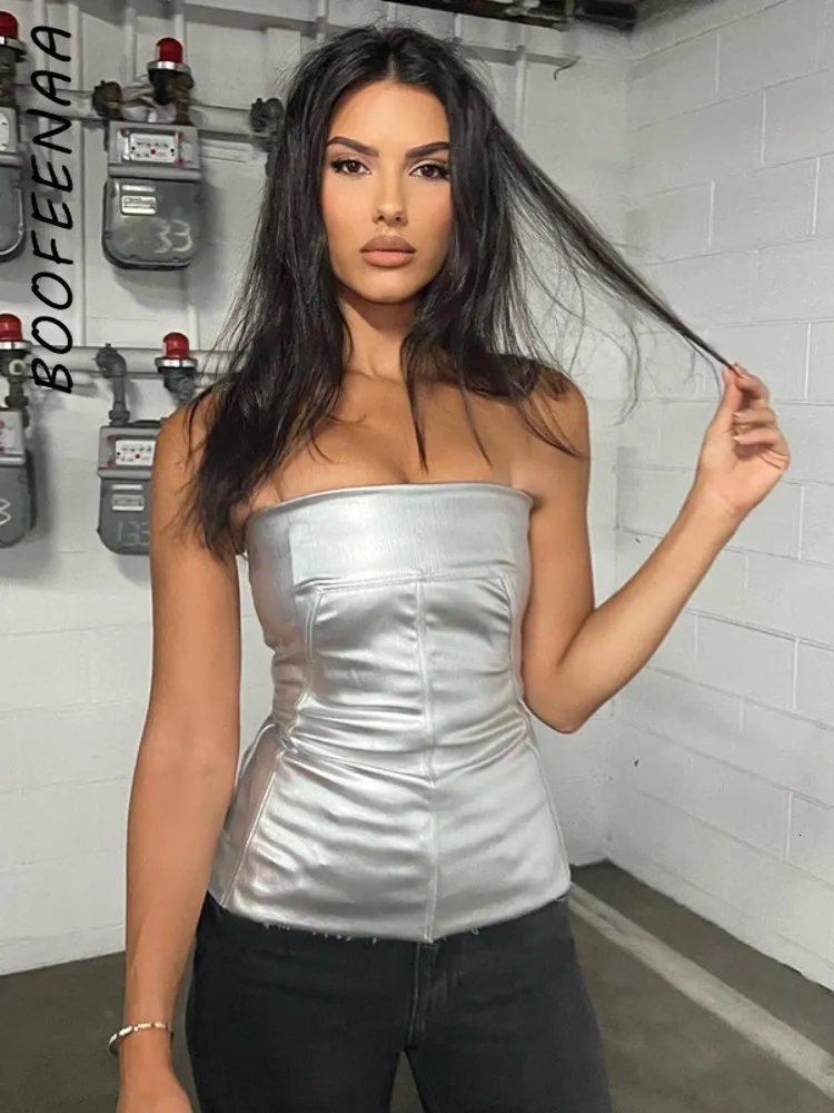 دبابات المرأة Camis Boofeenaa y2k Street Style Street Metallic Silver Busiter Tube Top Sexy Clothes Women Outless Backless Tops Clubwear C85CZ1 230311