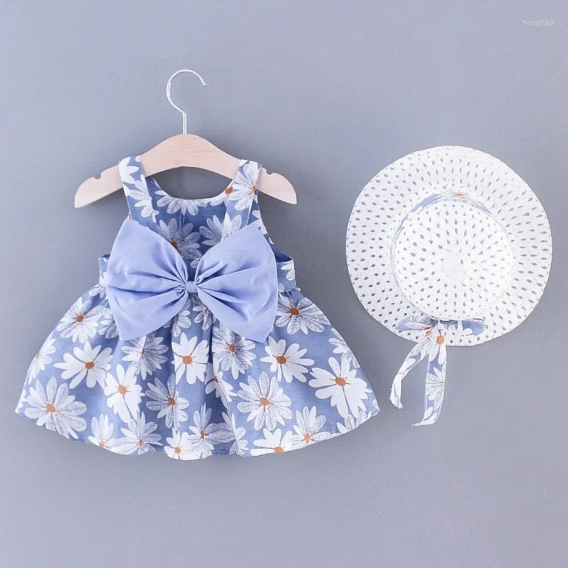 Mädchen Kleider 2023 Mode Baby Prinzessin Kleidung Nette 2 stücke Set Party Baumwolle Blume Kinder Bogen Hut Ärmel Süße 1-3Y