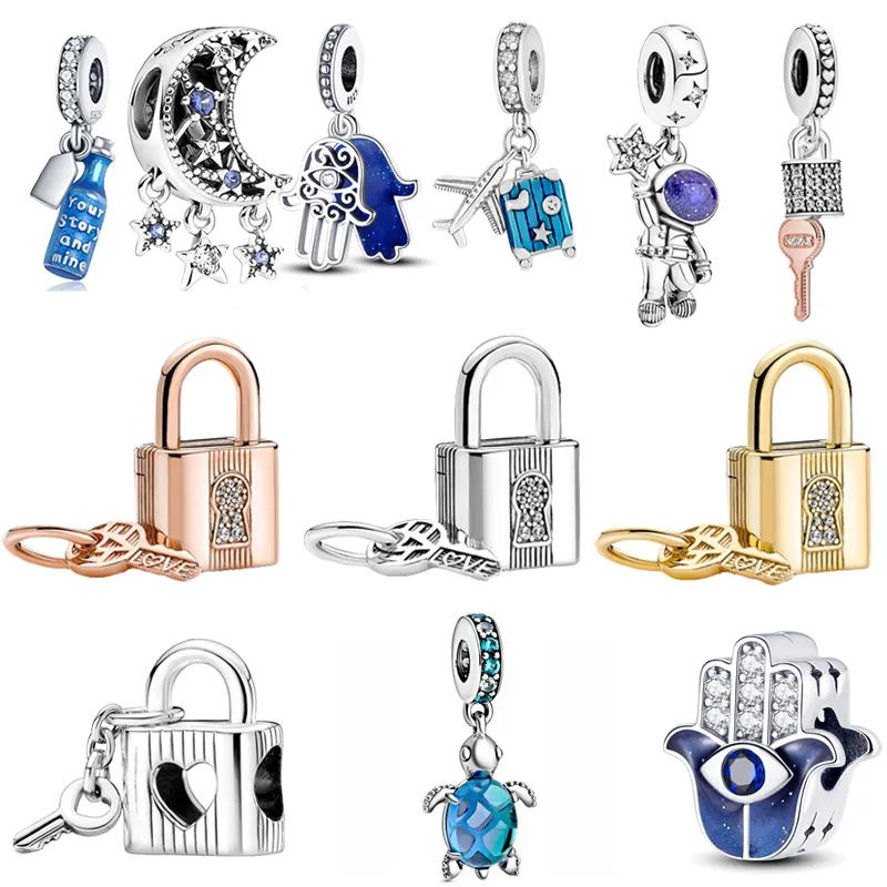 925 Sterling Silver Blue Key Lock Pendant Charm for Pandora DIY Bracelets,  Women's Fashion Jewelry Accessories