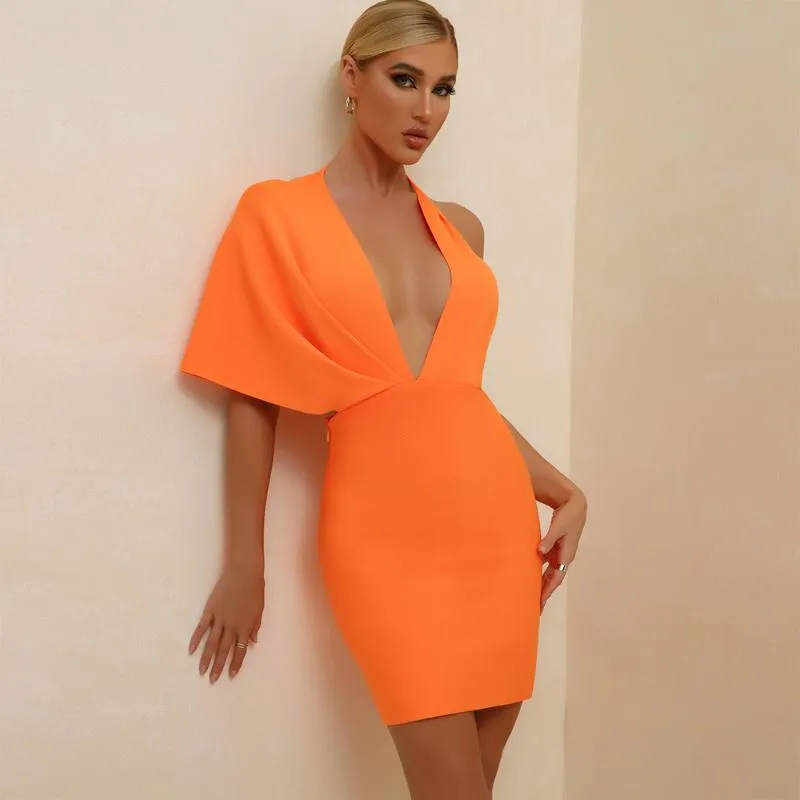 Sukienki swobodne sukienki bandażowe 2023 Summer Orange Bodycon for Women Sexy V Neck Backless Mini Club Celebrity Party Strój urodzinowy