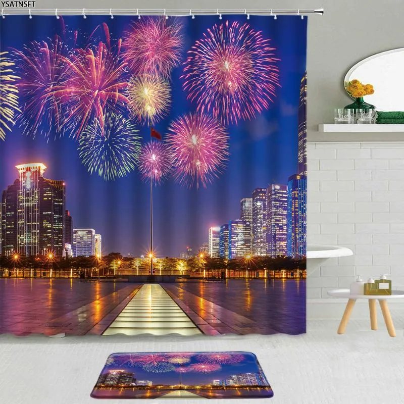 Tende da doccia 2 pezzi Fuochi d'artificio Bloom Bellissimo modello Tenda Città Notte Architettura Paesaggio Bagno Set tappetini da bagno antiscivolo