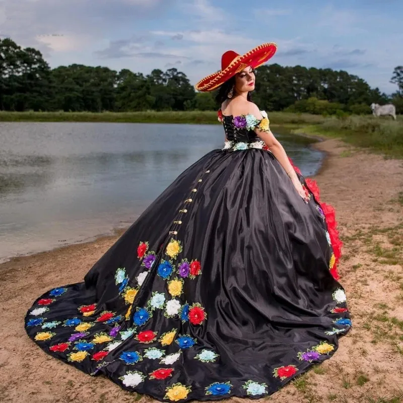 2024 Black and Red mexican Red quinceanera dresses with 3D Floral Appliques - Perfect for Prom 2024 Black and Red mexican Red quinceanera dresses with 3D Floral Appliques - Perfect for Prom