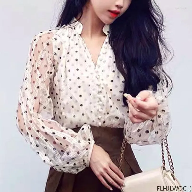 Chemisiers pour femmes 2023 Bow Tie Tops Femmes Style coréen Conception Vêtements À Manches Longues Élégant Bureau Dame Ruban Doux De Base Dot Dentelle Chemises