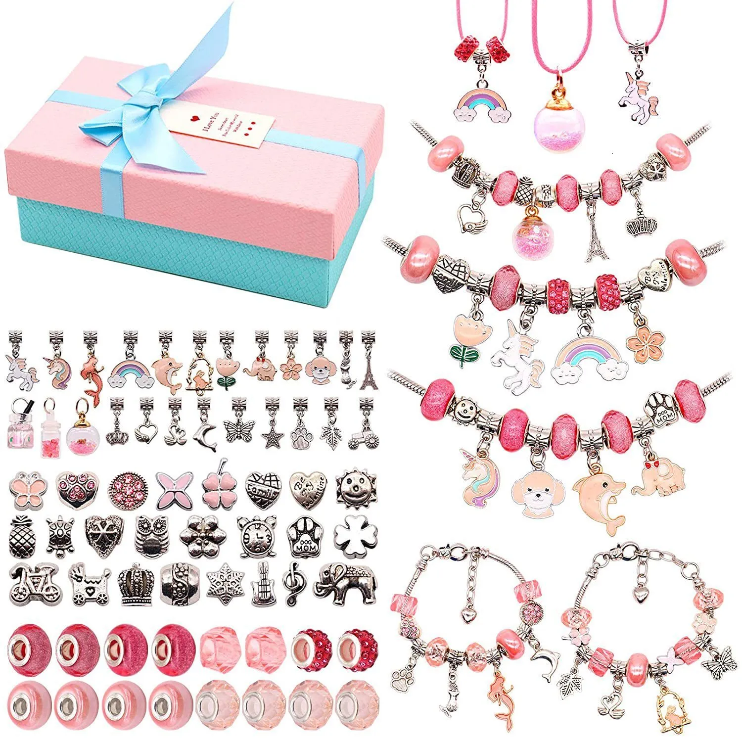 Bijoux Charm DIY Bracelet Kit De Fabrication Pour Enfants De Noël Cadeaux D'anniversaire Fille Présent Grand Trou Cristal Alliage Perles Box Set 230311