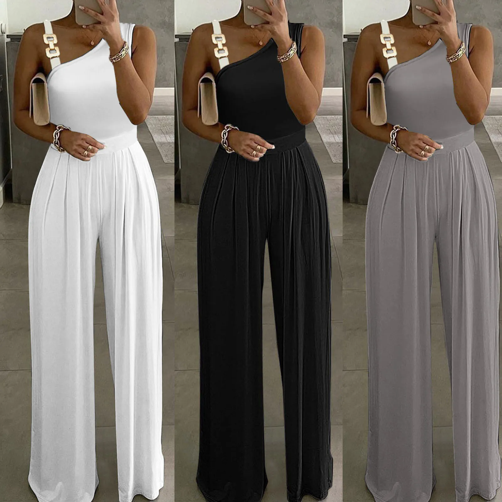 Women's Jumpsuits Rompers Overalls Women Sleeveless Metal Button Straps Jumpsuits Solid Wide Leg Trousers Loose Rompers Ladies Casual Long Jumpsuit 230311