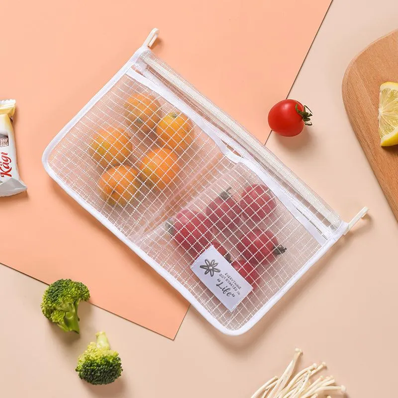 Storage Bags Refrigerator Mesh Hanging Bag Classification Double Compartment Household Kitchen Supplies