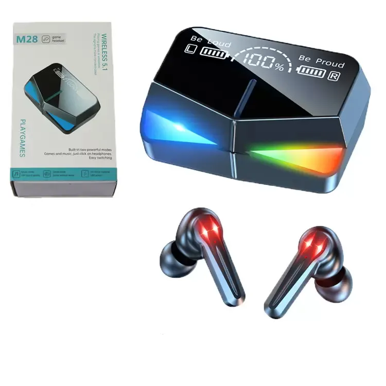 M28 Gaming TWS-Ohrhörer, buntes Licht, klarer Spiegel, Geräuschunterdrückung, kabellose Headsets mit Mikrofon, Bass-Sound, Sport, 2000 mAh, Powerbank, Ladebox