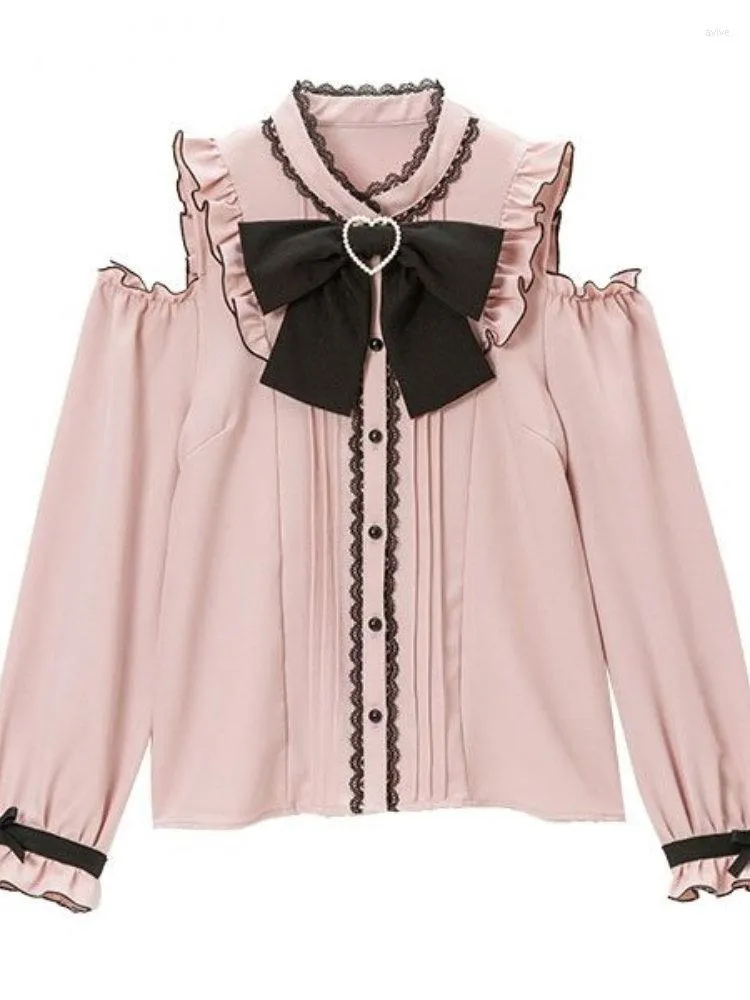 Blouses Femmes Élégant Doux Surdimensionné Lolita M-4XL Printemps Automne Femmes Harajuku Dentelle Bow Chemises À Manches Longues Girly Kawaii Tops Blusas