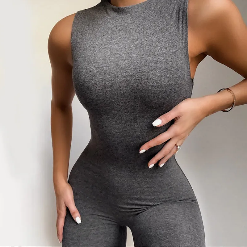 Women's Jumpsuits Rompers jumpsuit women elastic hight casual fitness sporty rompers sleeveless zipper activewear skinny Solid summer outfit 230311