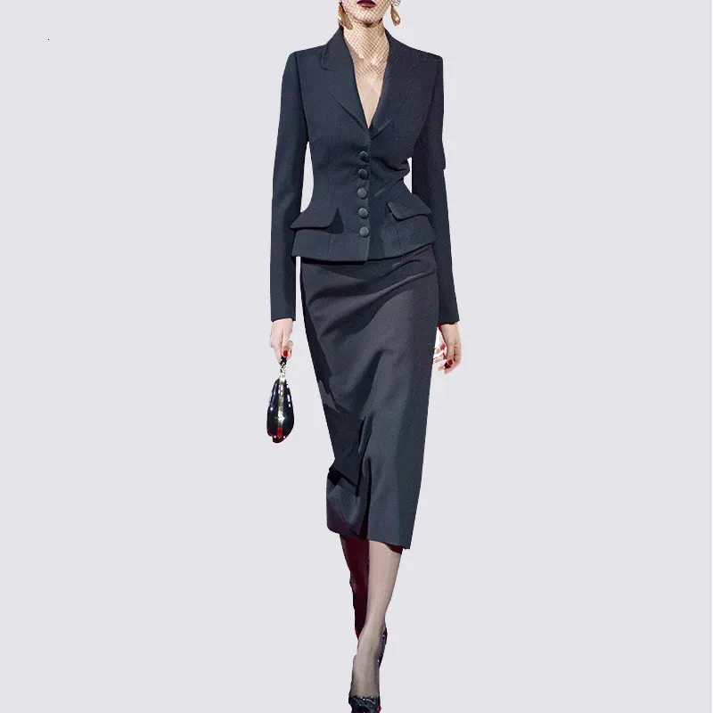 Women's Suits Blazers Runway Designer Notched Collar Blazer Coat Bodycon Midi Skirts Women Fashion 2 Pcs Sets Women Office Work Dress Sets 230311