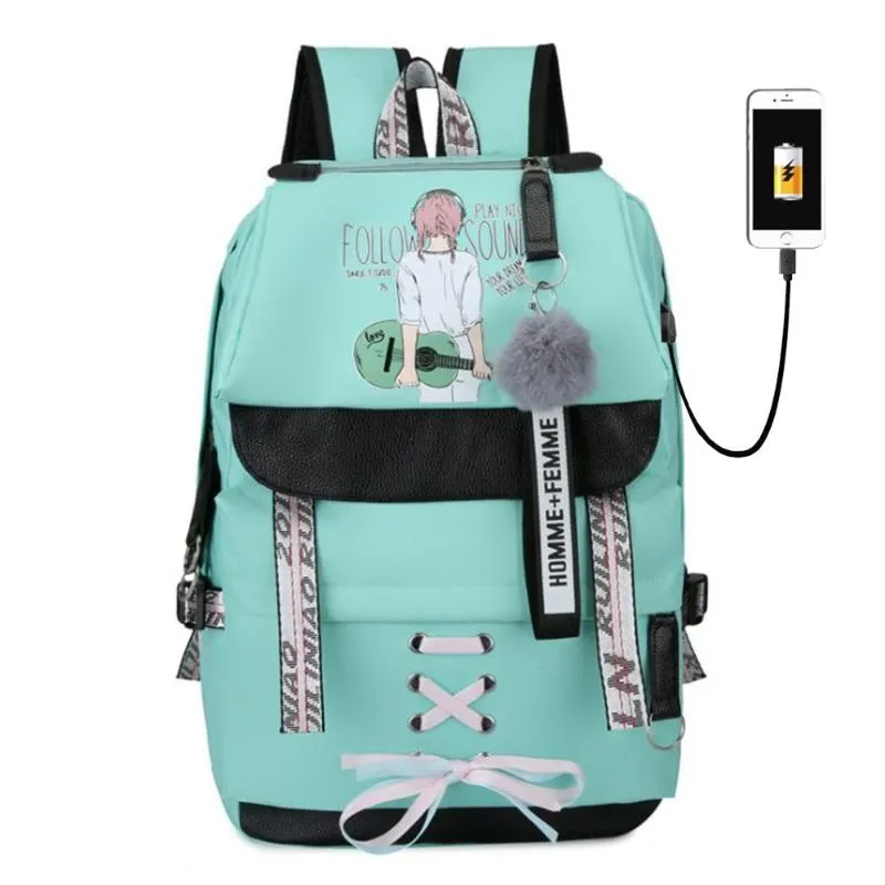 School Bags Large Teenage Girls USB Women Travel Bag Student Bookbags Kids Bagpack Green Printing Big Capacity College Bookbag