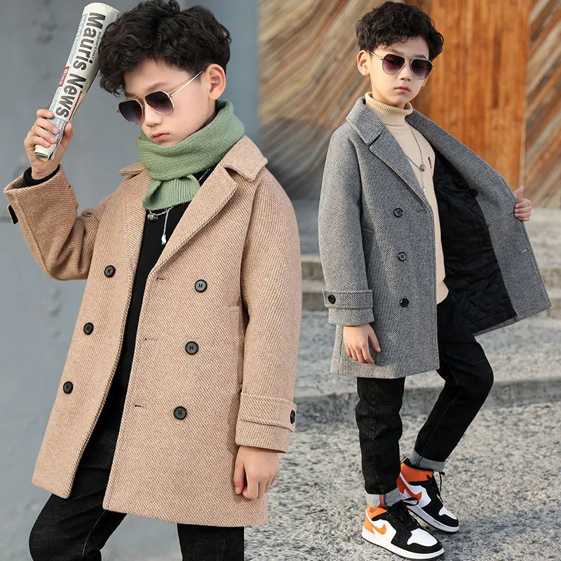 Coat Boy Woolen Autumn Winter Jacket Fashion Turn Collar Solid DoubleBreasted Children's Outerwear Trench High Quality 230311