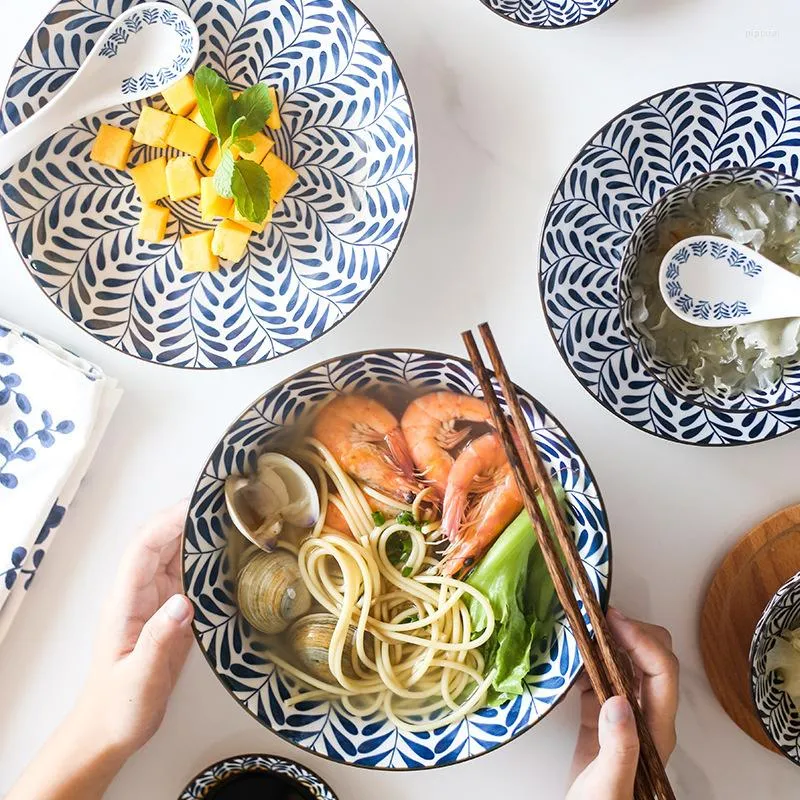 Cuencos de cerámica de estilo japonés, plato para cenar, plato para servir fideos, tazón, sopa de arroz, cocina china, cuchara Ramen