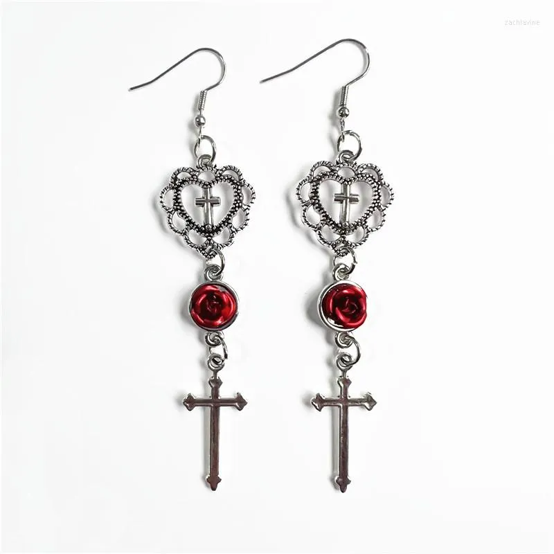 Boucles d'oreilles pendantes mode filigrane coeur croix goutte avec rouge/noir/violet Rose victorien gothique bijoux cadeau pour les femmes