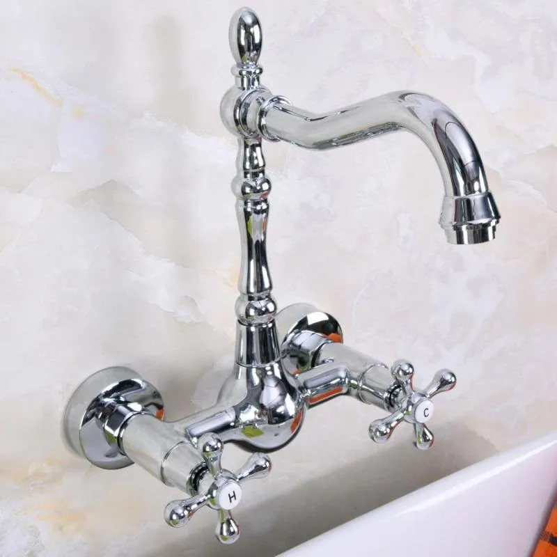 Kitchen Faucets Polished Chrome Brass Wall Mounted Double Cross Handles Bathroom Sink Faucet Mixer Tap Swivel Spout Anf969