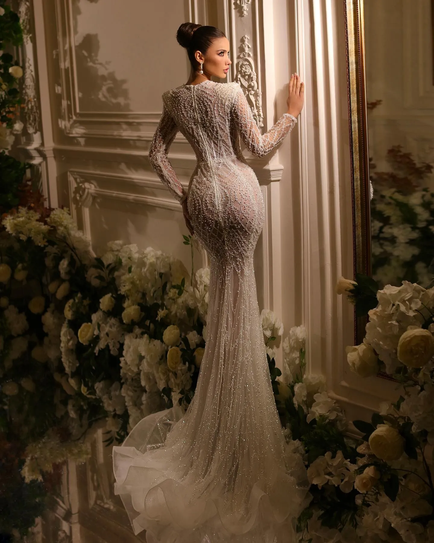 Luxury Mermaid Wedding Dresses Jewel Pearl Chain Long Sleeves Tulle Applicants Cascading Ruffles Floor Length Custom Made Plus Size Vestidos De Novia