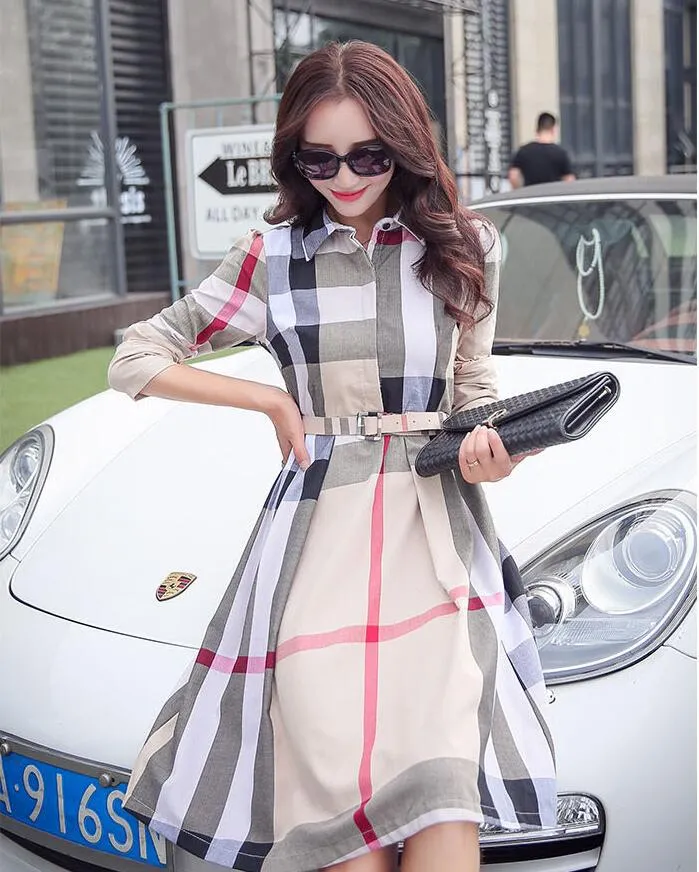 Women Casual Dresses New A- line Large Hem Plaid Printed Long-Sleeved Dress Designer Slim T-Shirt Tops