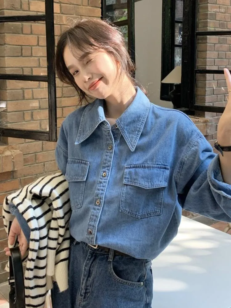 Women's Blouses Denim Shirt Women's 2023 Spring Vintage Long Sleeve Jean Blouse Design Tops With Two Pockets Female