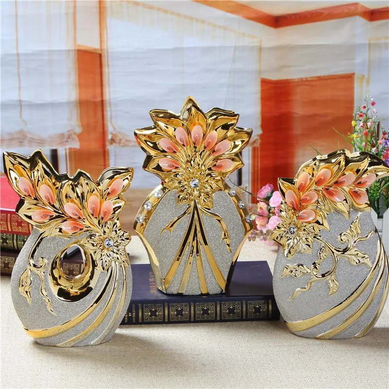 Vases European-style Ceramic Golden Vase Wedding Decoration Decorative Craft Home Living Room TV Cabinet Flower