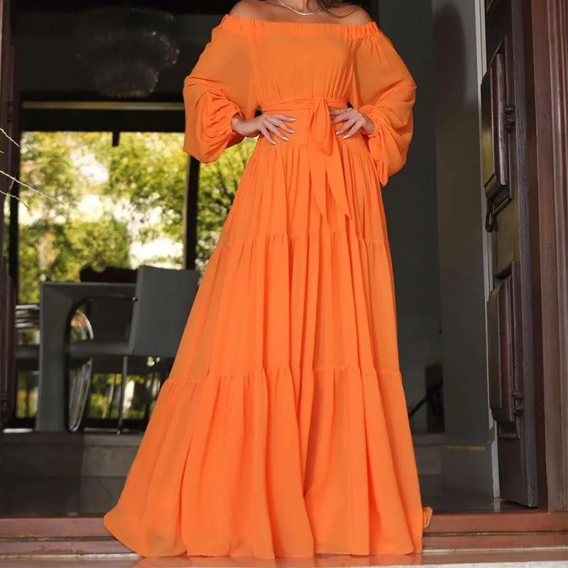 Sukienki swobodne 2023 Autumn Orange Szyfonowy długi ukończenie studiów Kobiety pełny rękaw proste powrót